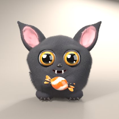 Candy Goblin, a round, fluffy dark critter with pointy pink ears and big golden eyes, holding a wrapped candy