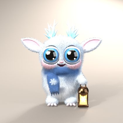 Frost Elf, a white fluffy critter with icy antlers, a blue scarf and a tiny lantern