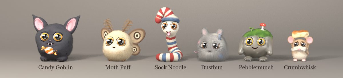 Row one: Candy Goblin, Moth Puff, Sock Noodle, Dustbun, Pebblemunch and Crumbwhisk