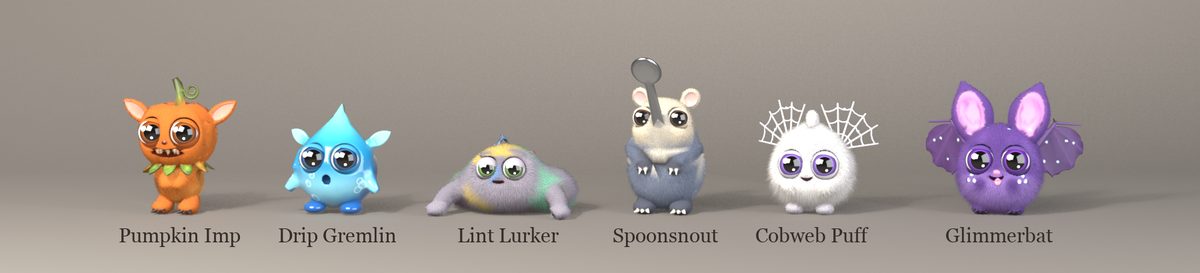 Row two: Pumpkin Imp, Drip Gremlin, Lint Lurker, Spoonsnout, Cobweb Puff and Glimmerbat