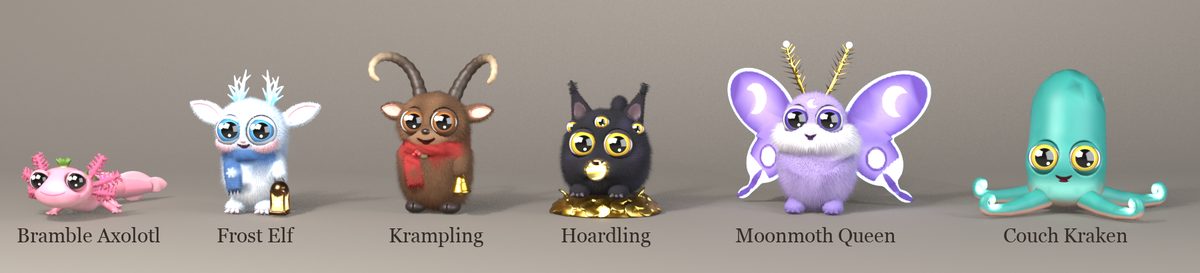 Row three: Bramble Axolotl, Frost Elf, Krampling, Hoardling, Moonmoth Queen and Couch Kraken