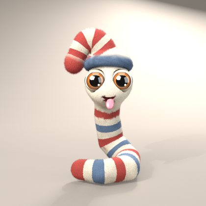 Sock Noodle, a long striped sock creature with a stripy hat and a tiny pink tongue